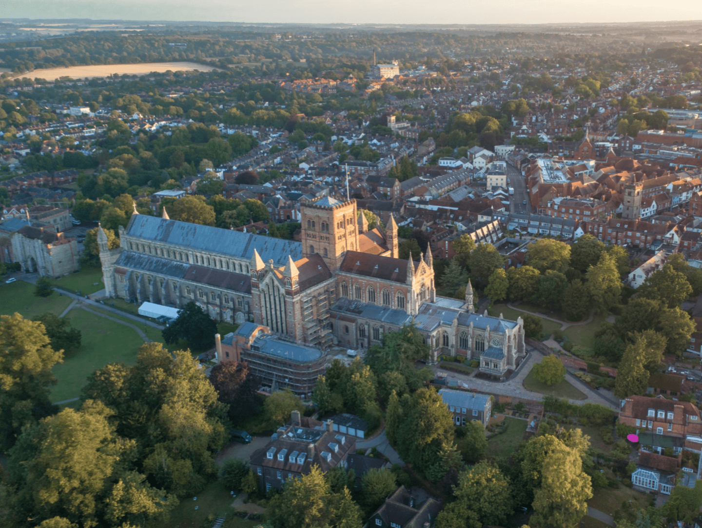 St Albans Cathedral from above, with the town centre in the background