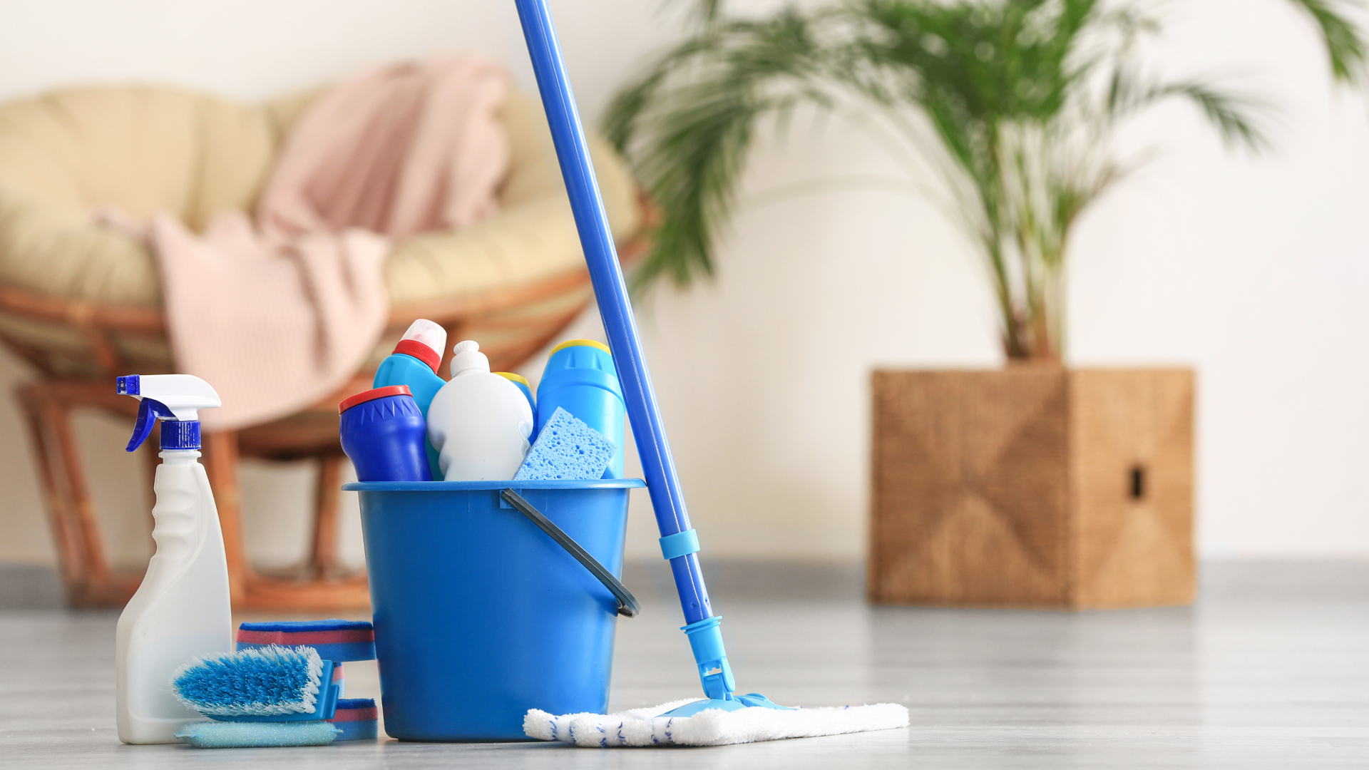 Cleaning equipment in a bucket in a home