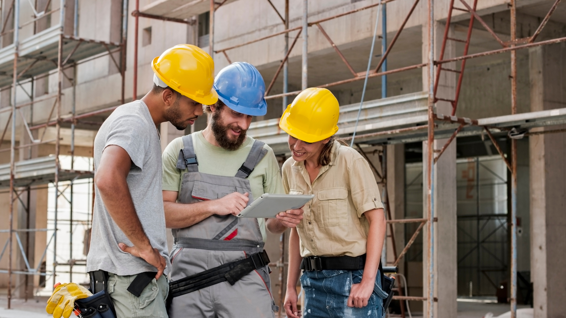 3 construction workers looking at data