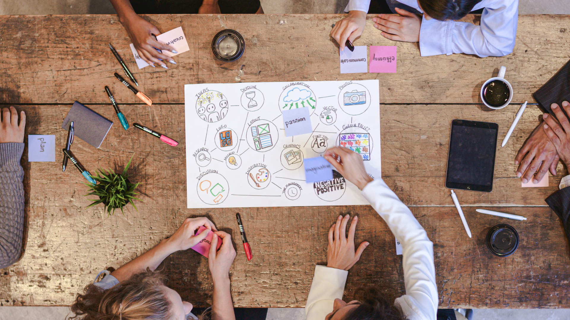 A collaborative team of marketers working on a project on a wooden table