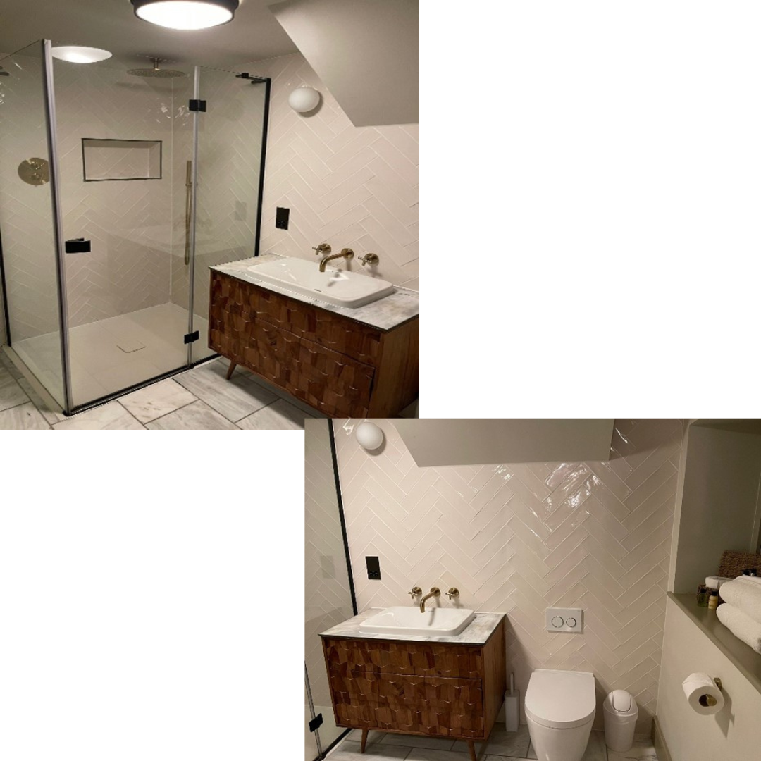 A composite shot of a hotel bathroom
