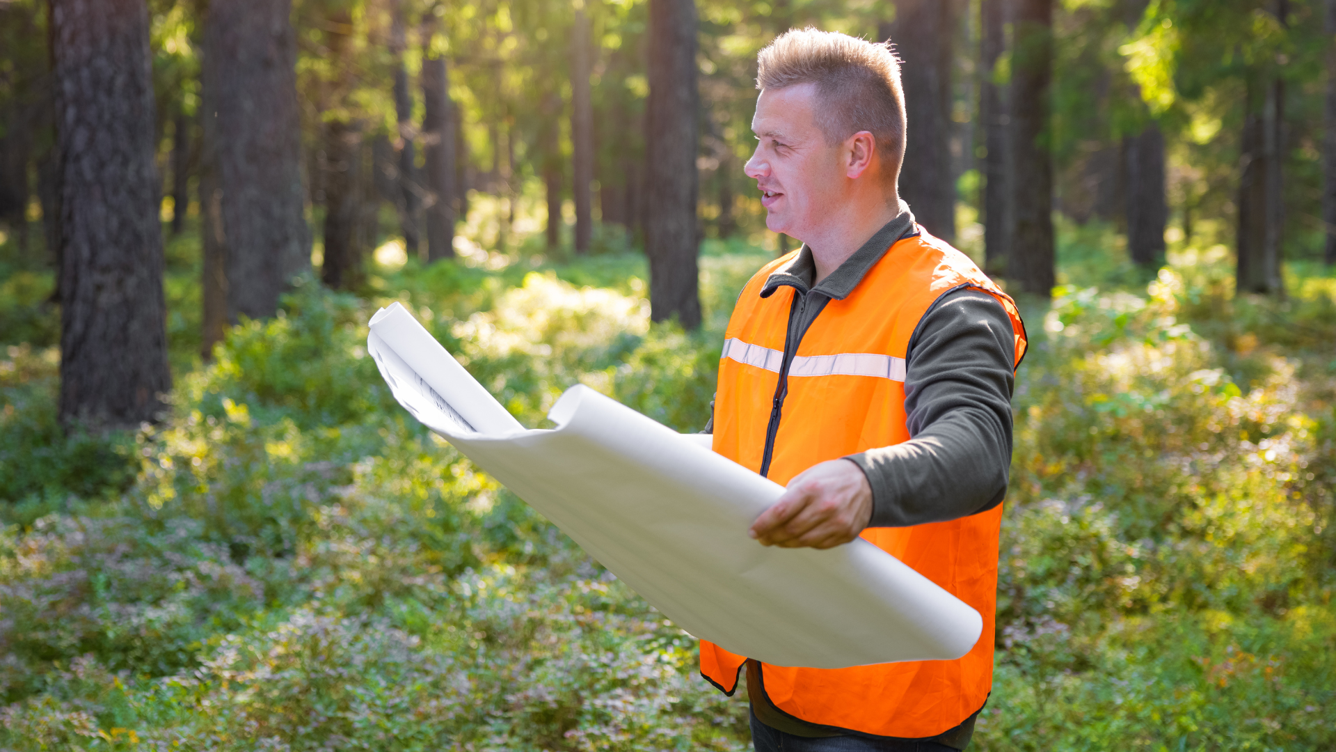 A man in a high-vis jacket looking at engineering plans in a forest