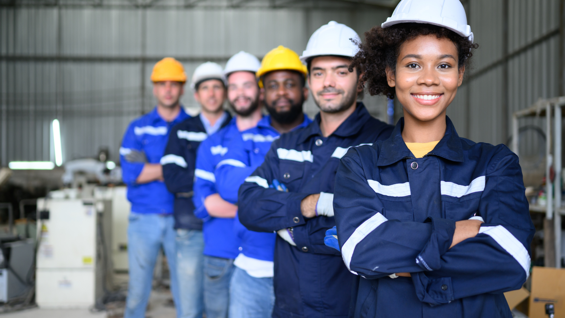 A diverse group of engineers standing in a workshop, wearing protective clothing and equipment