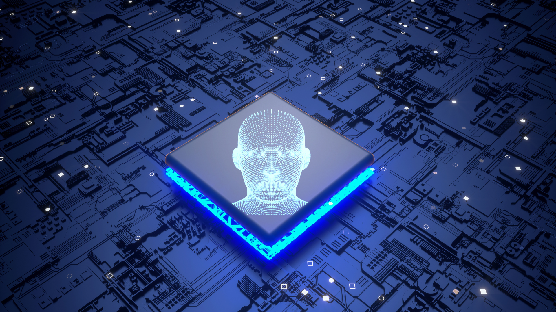 A dark blue circuit board, with a raised CPU. The CPU has an image of a digital head on it, symbolising Artificial Intelligence