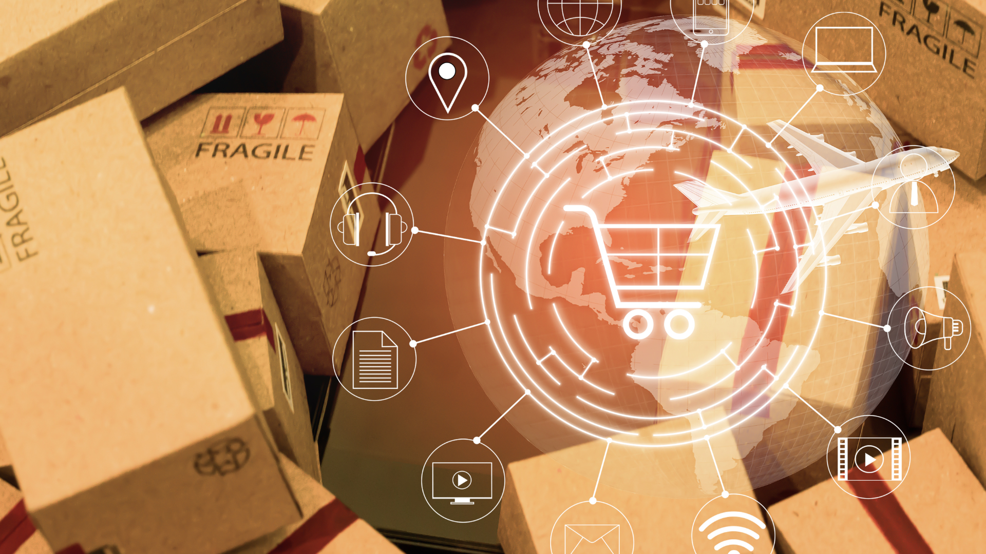 A graphic representing e-commerce logistics on a background of boxes