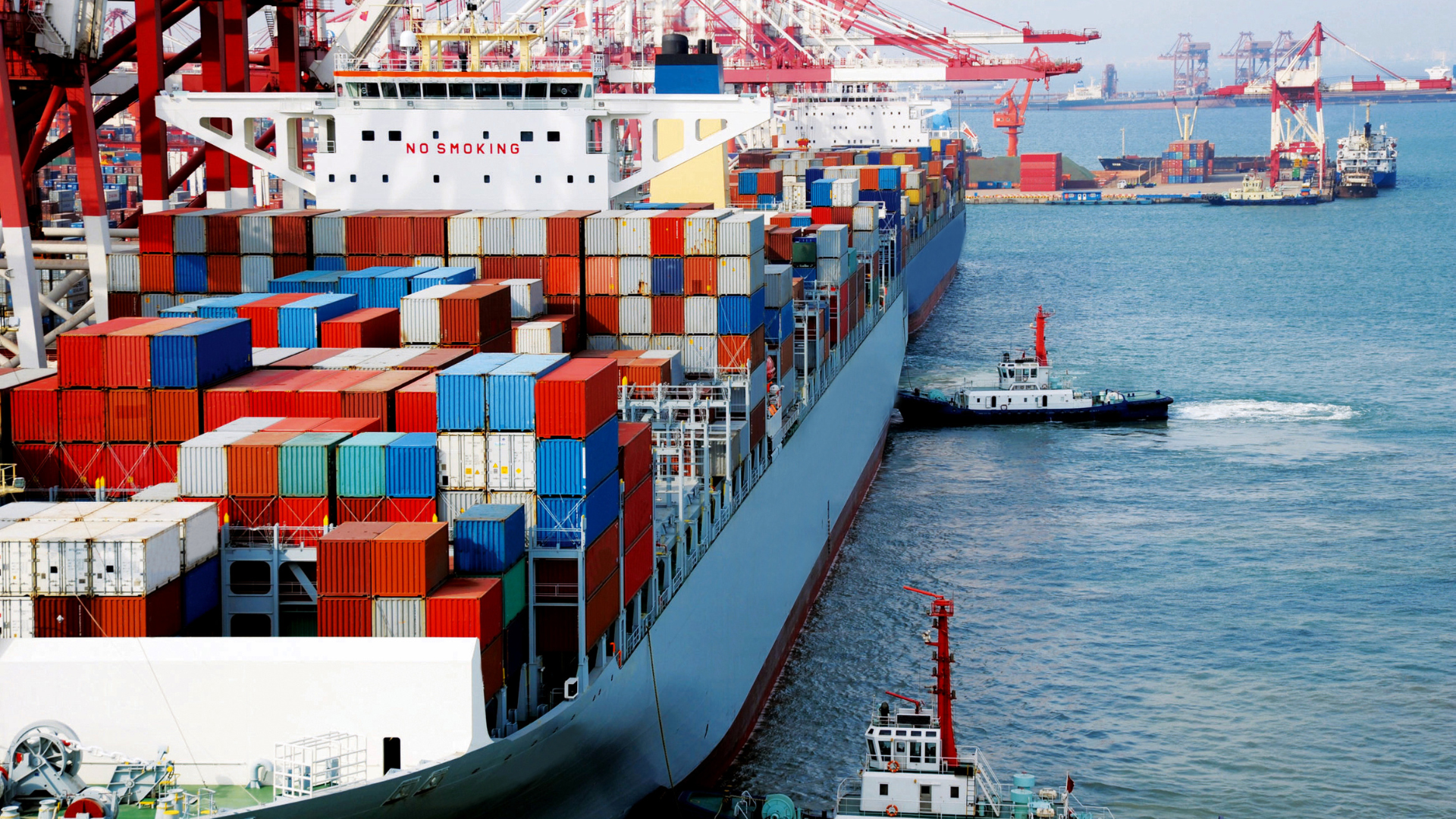 A large container ship at a port