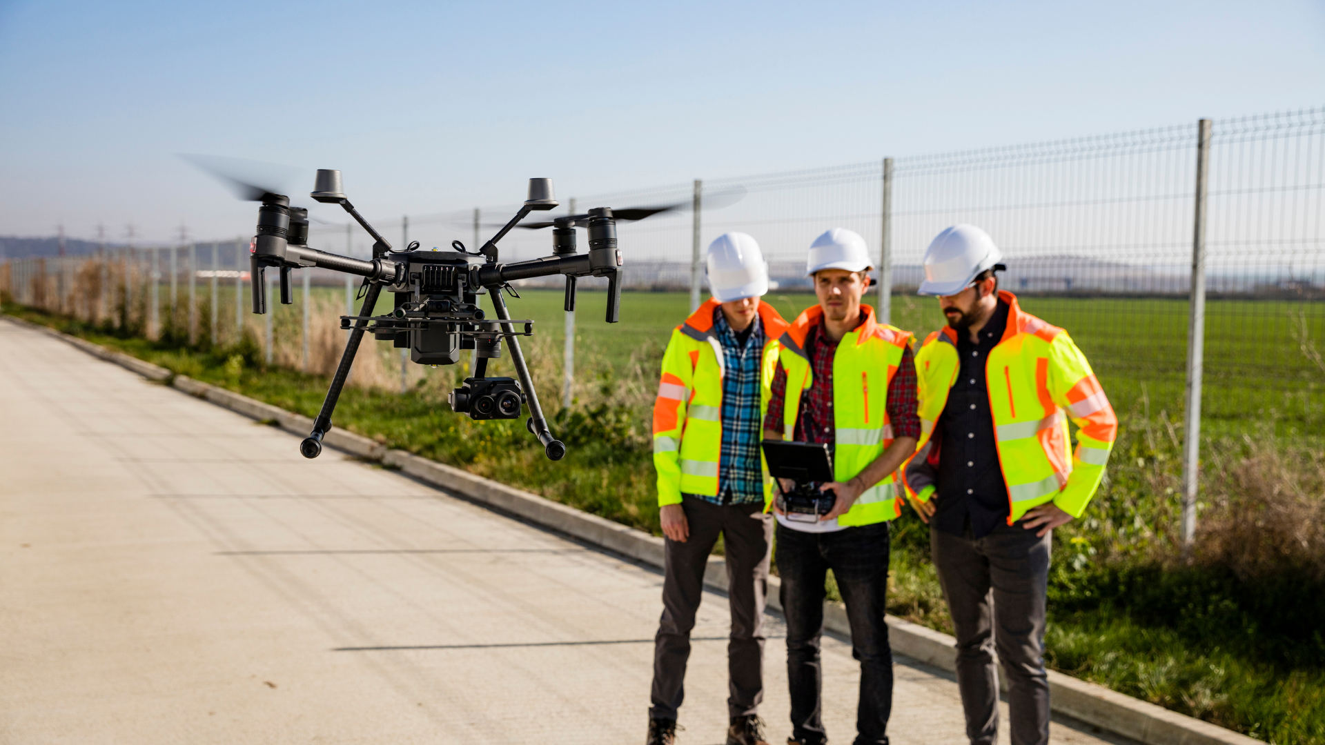 3 Construction Workers Piloting a Drone
