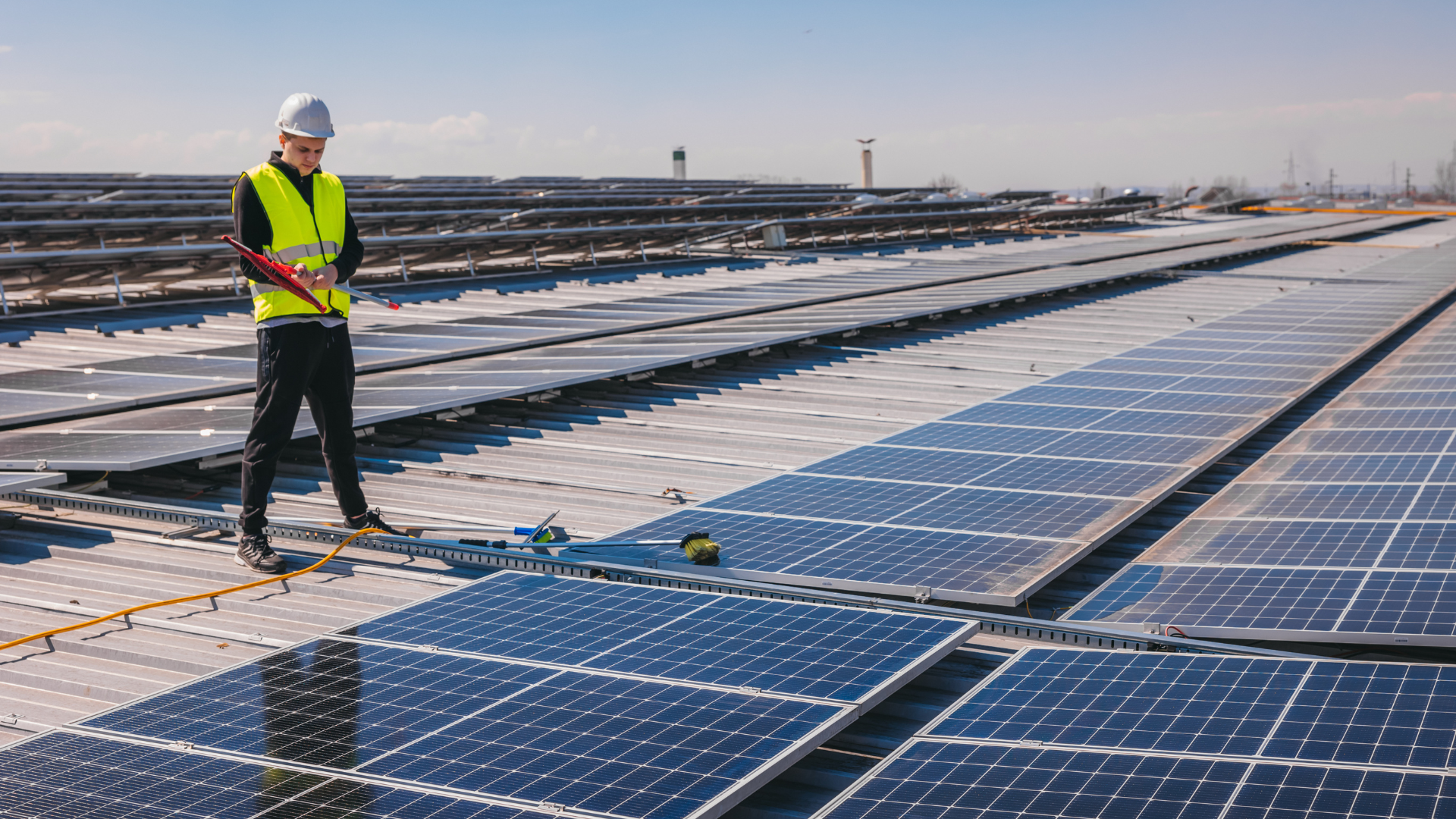 An engineer checking a field of solar panels