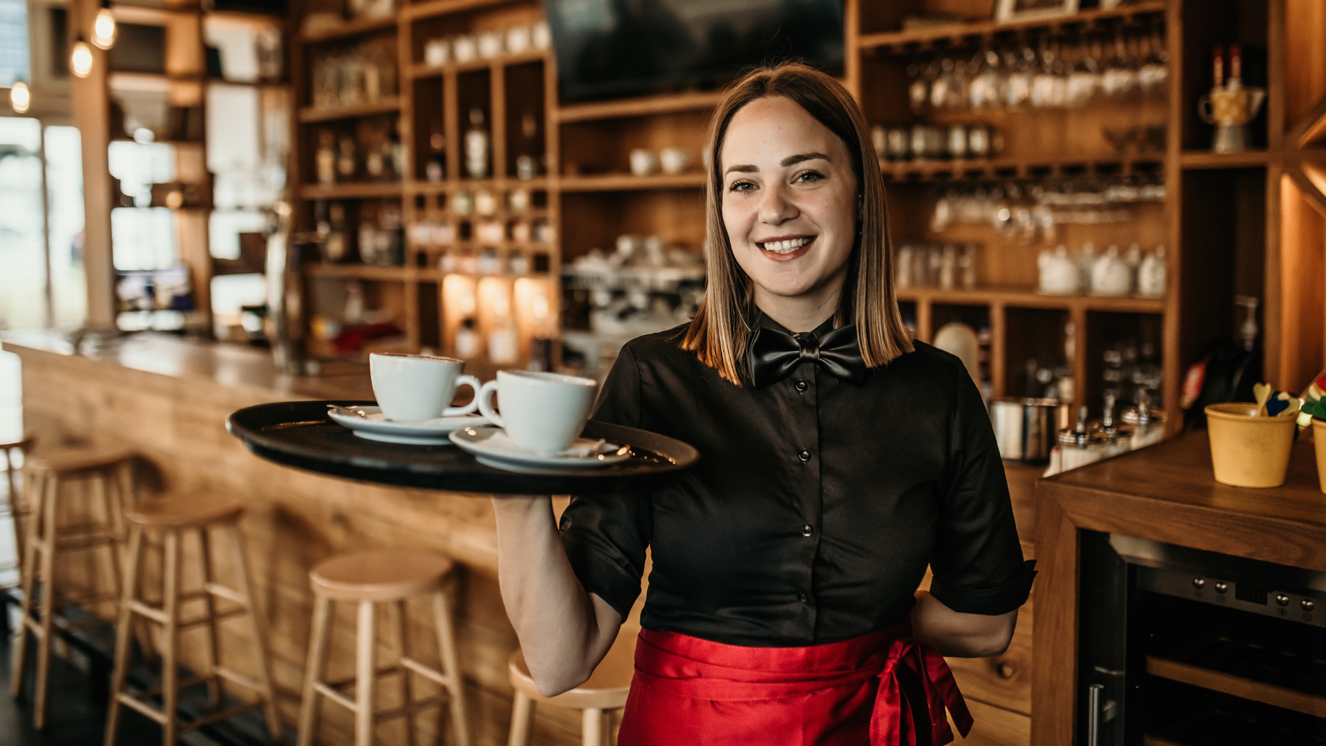 A Barista holding a serving tray with two cups of coffee on it