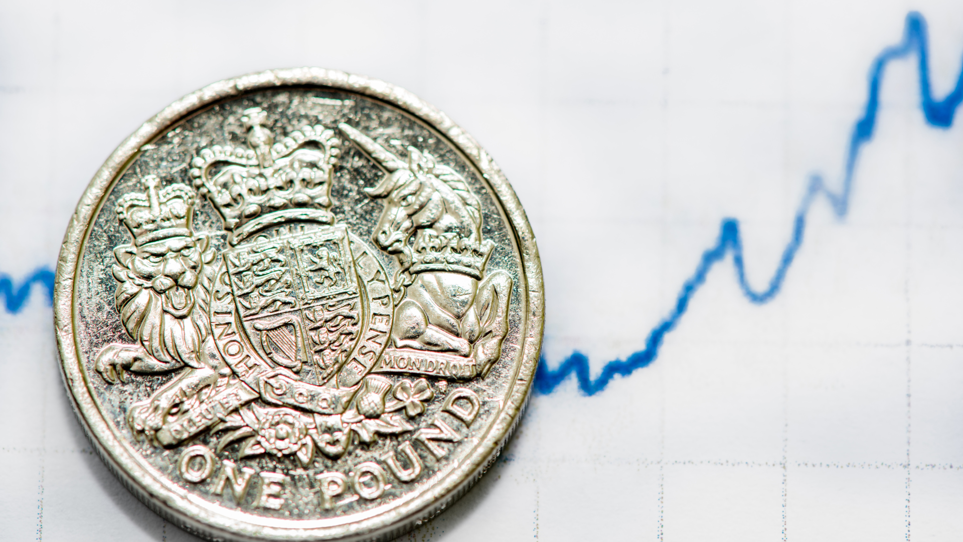 A UK pound coin on a line-graph