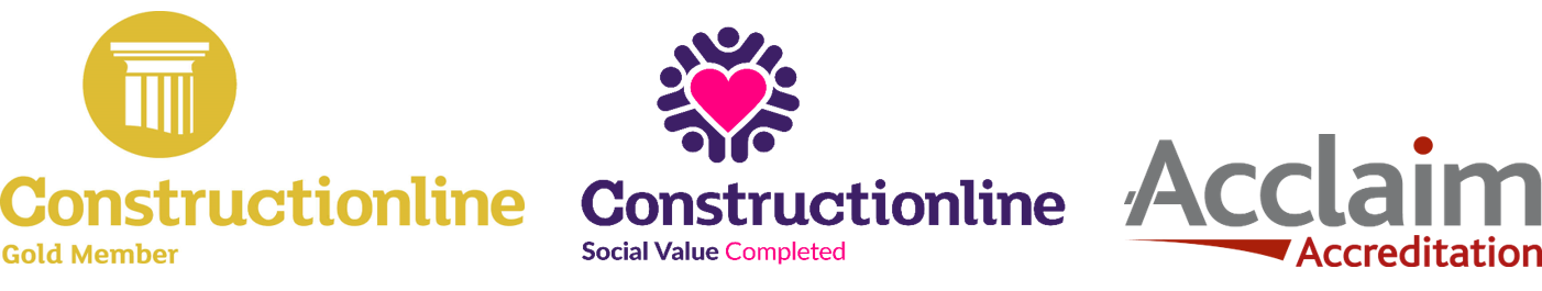 3 Logos of accreditations: Constructionline Gold Member, Constructionline Social Value, and Acclaim Accrediatation