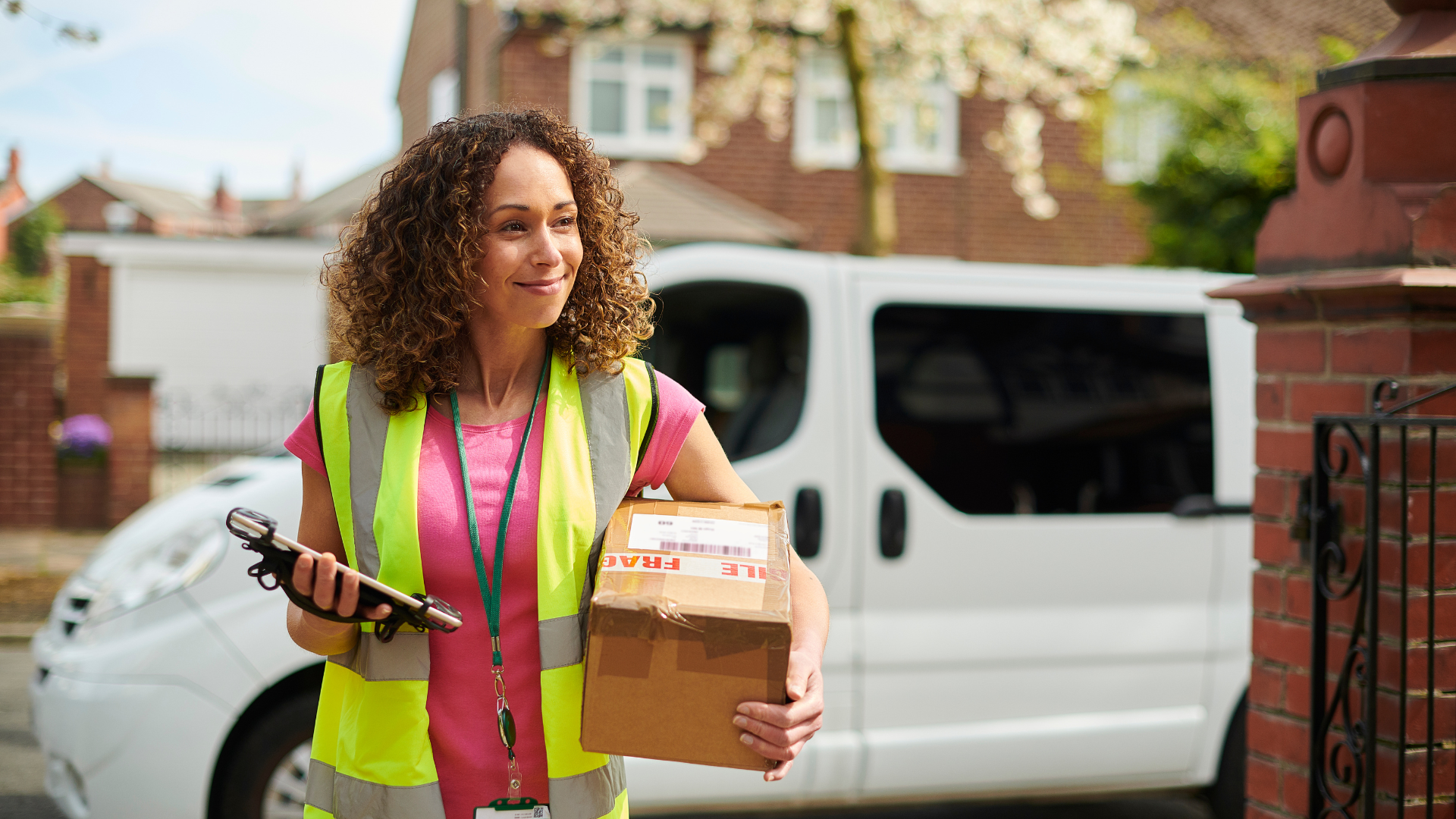An image of a Delivery Driver delivering a parcel in a residential area. She is carrying the parcel in one hand, and a table device in the other. She is wearing a high-visibility vest and an id-card in a lanyard.