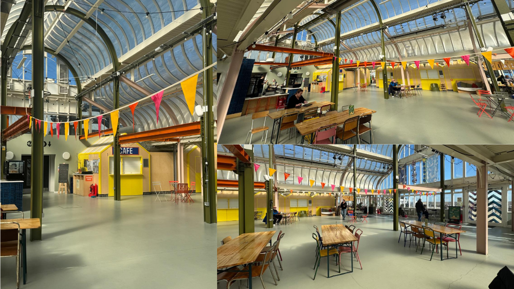 An image of the interior of the East Point Pavilion, featuring different angles of the food court