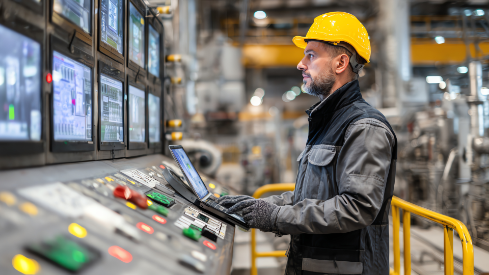 An image of a Production Manager looking at machinery readouts in a factory. He is wearing a hard hat and is using a laptop and looking at the screens on the machinery.