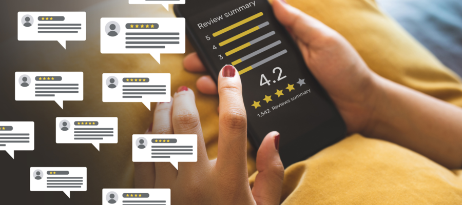 A smartphone showing review scores