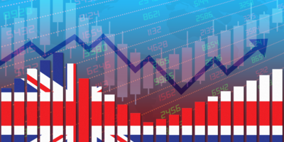 An economic bar-graph colored with the UK flag