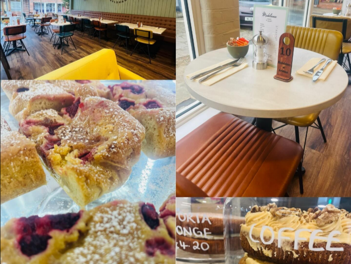 A composite image of pictures from a cafe. There are interior shots and pictures of the food on offer