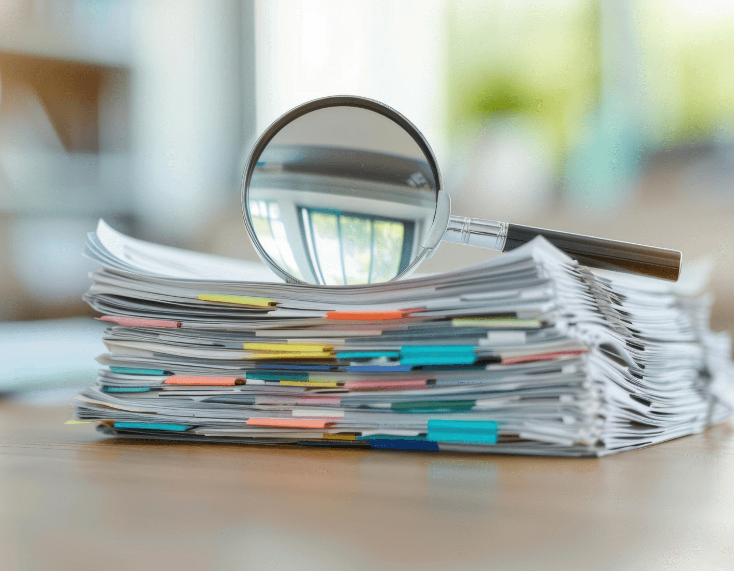 An image of a magnifying glass on a stack of papers. The papers have colour-coded tags sticking out from the tops