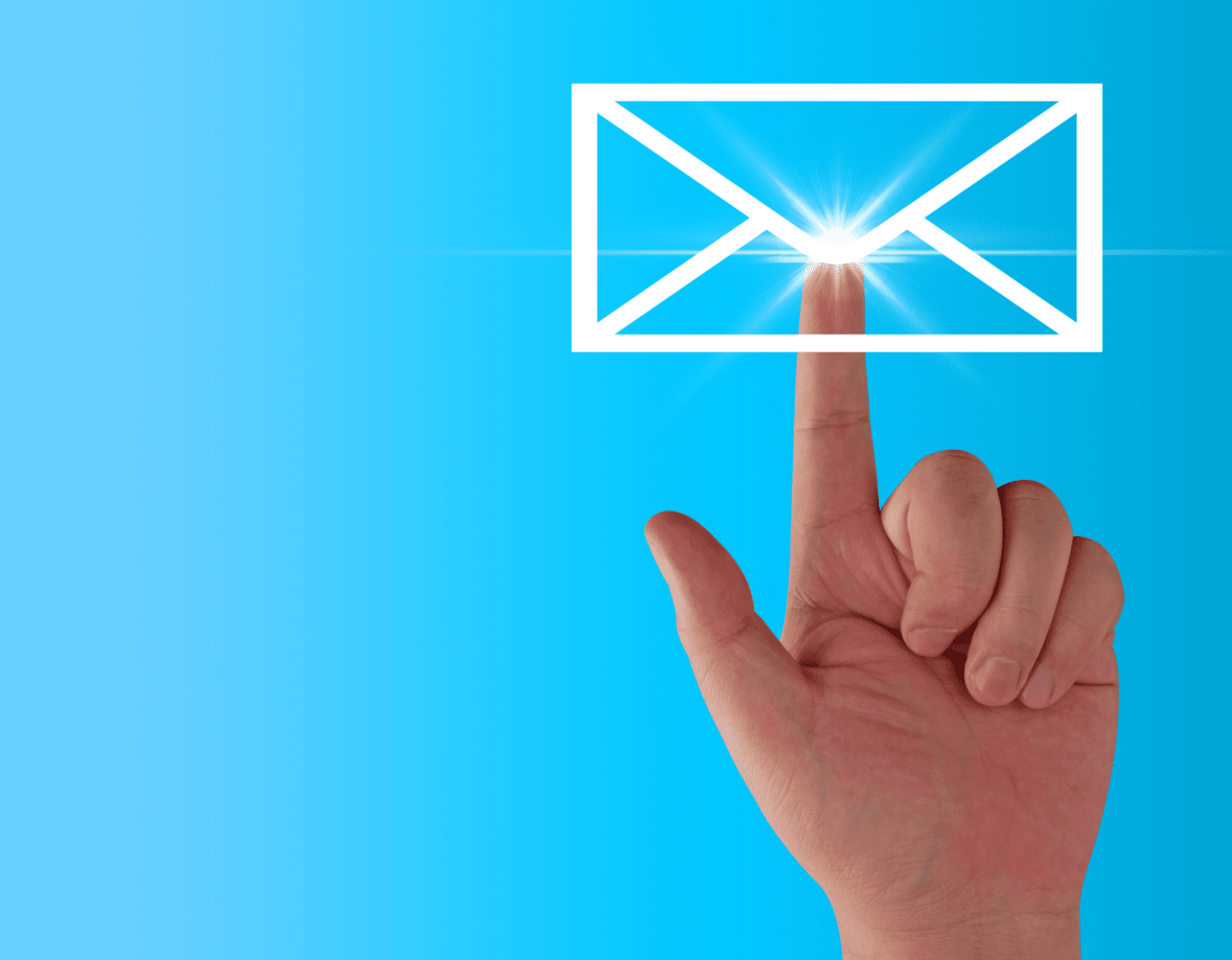 An image of a finger pressing a white email icon on a solid blue background