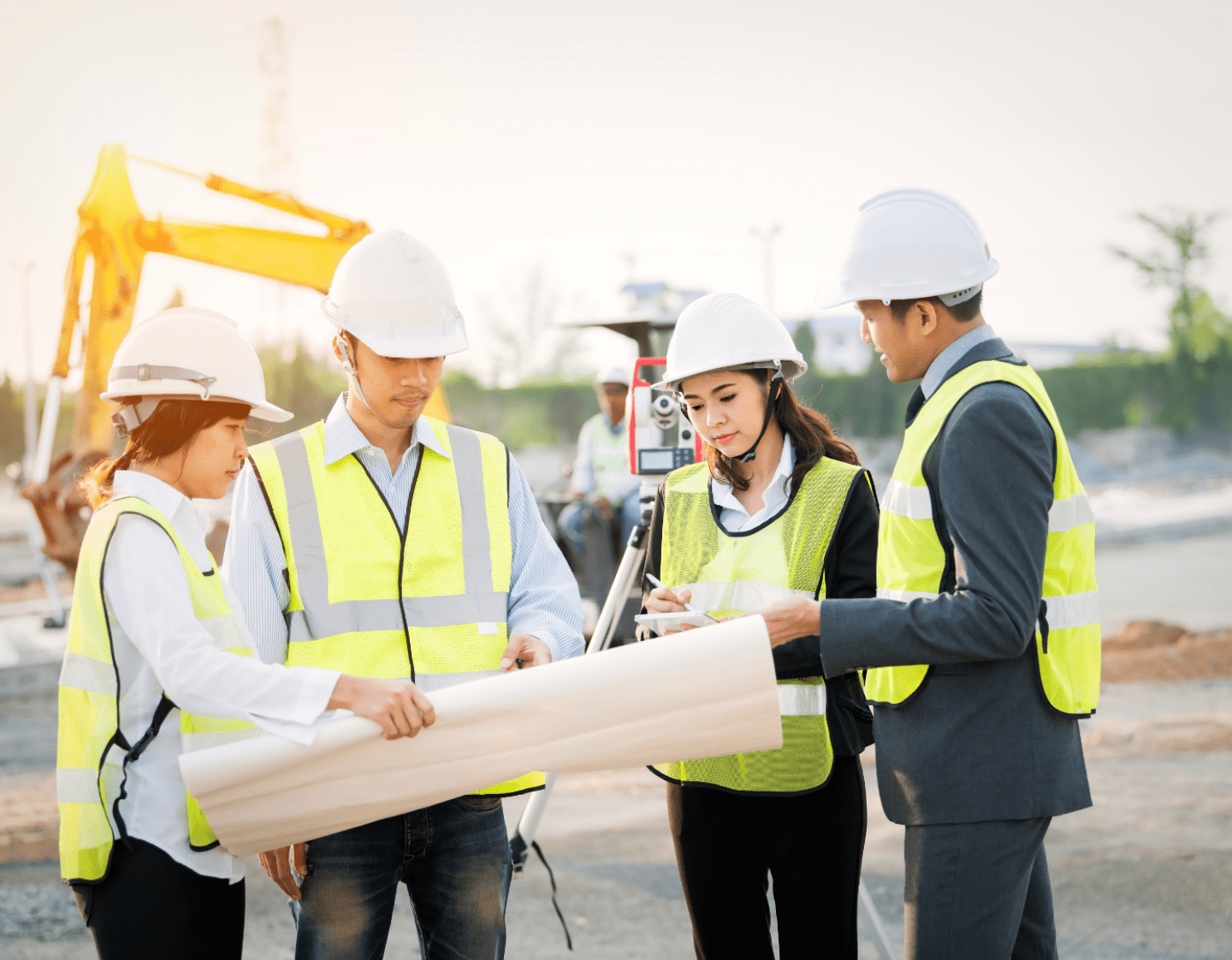 An image of 4 people reviewing plans on a construction site. They are wearing safety hats and high visibility vests