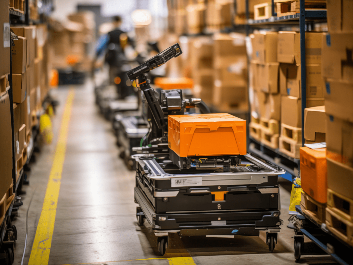 An image of a robotic picking machine in a warehouse. The machine has a parcel on top of it.