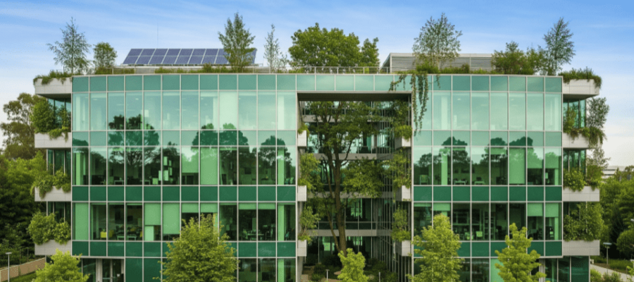 A wide-angle image of a modern glass building surrounded by trees and foliage