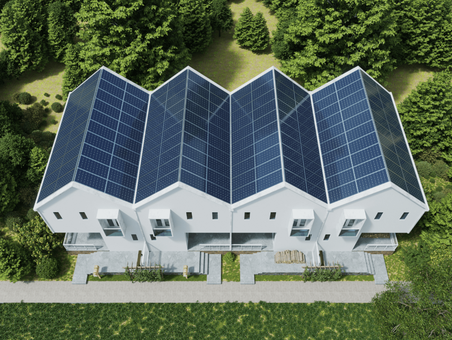 An overhead image of a row of new houses with solar panels on the roofs