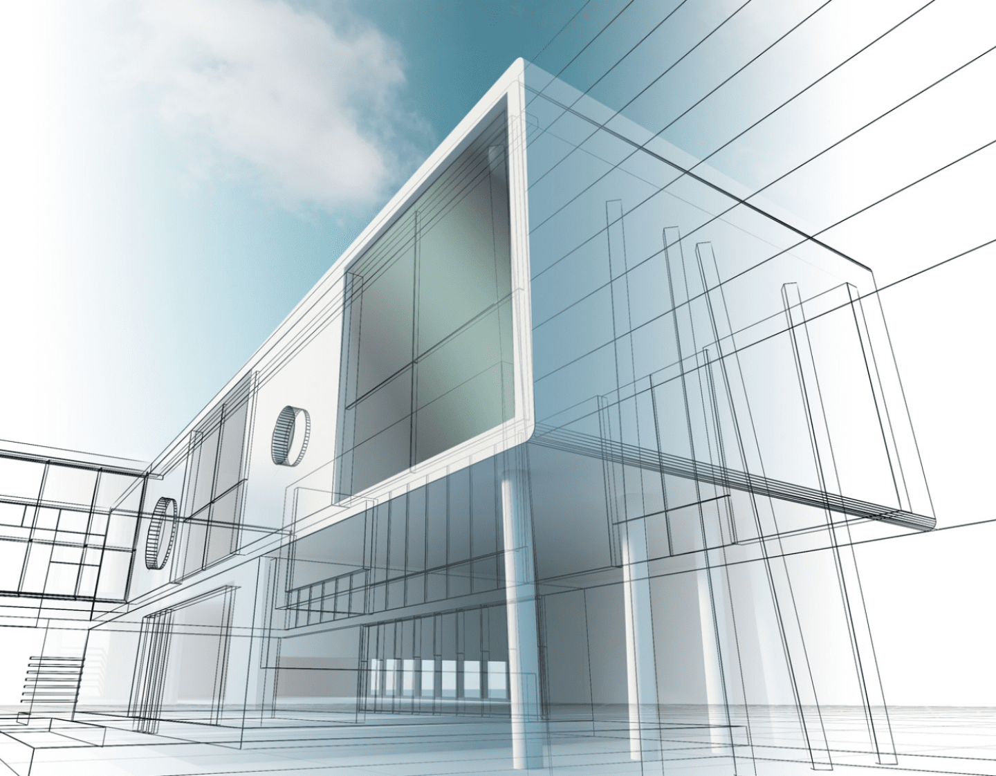 An image of a 3d render of a building, showing digital lines