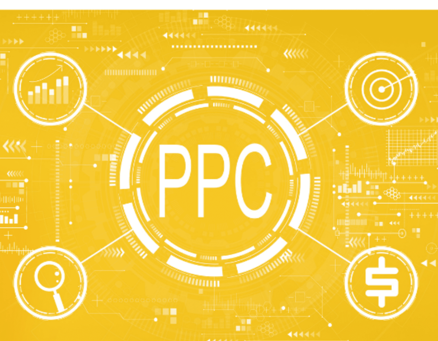 An infographic showing PPC in the middle, surrounded by graphics representing search and growth