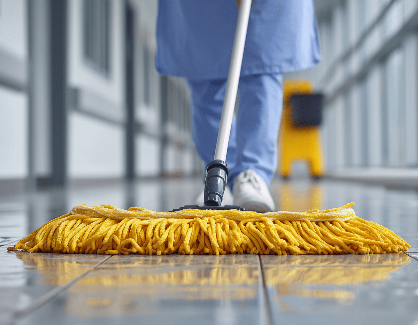 A close up image of a mop-head cleaning a floor. There is a wet-floor sign and a person in the background is holding the mop arm.