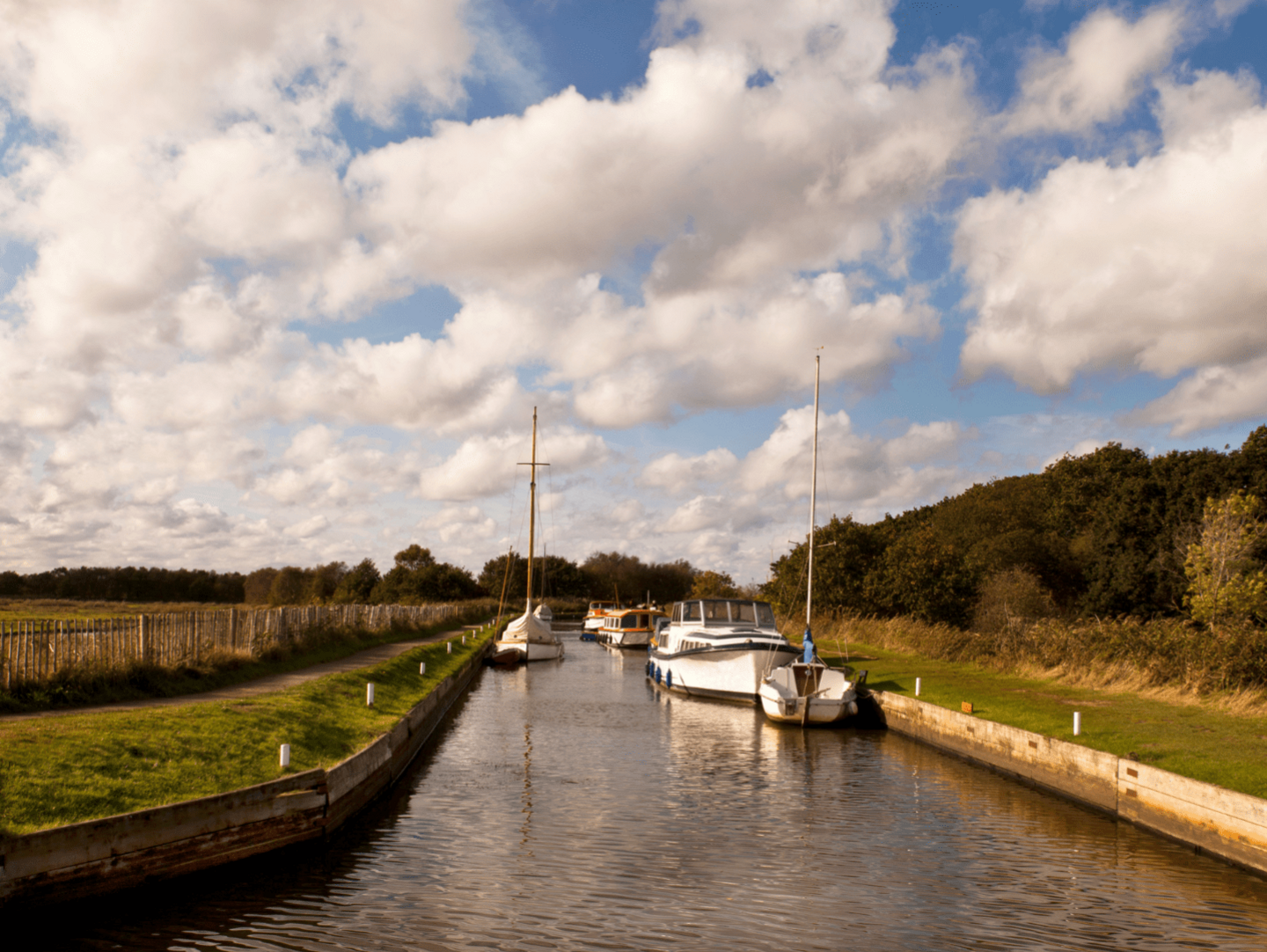 An image of a waterway in the Norfolk Broads, there is a boat moored on one of the riverbanks